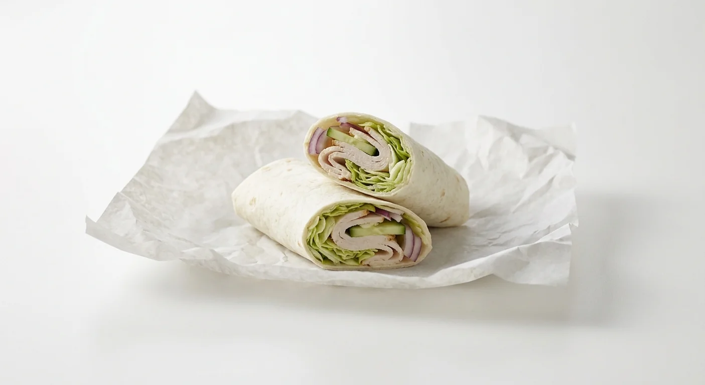 Subway Turkey Wrap, sliced turkey with lettuce, cucumber and red onion in a flour tortilla, cut in half on white paper, nutrition and calories