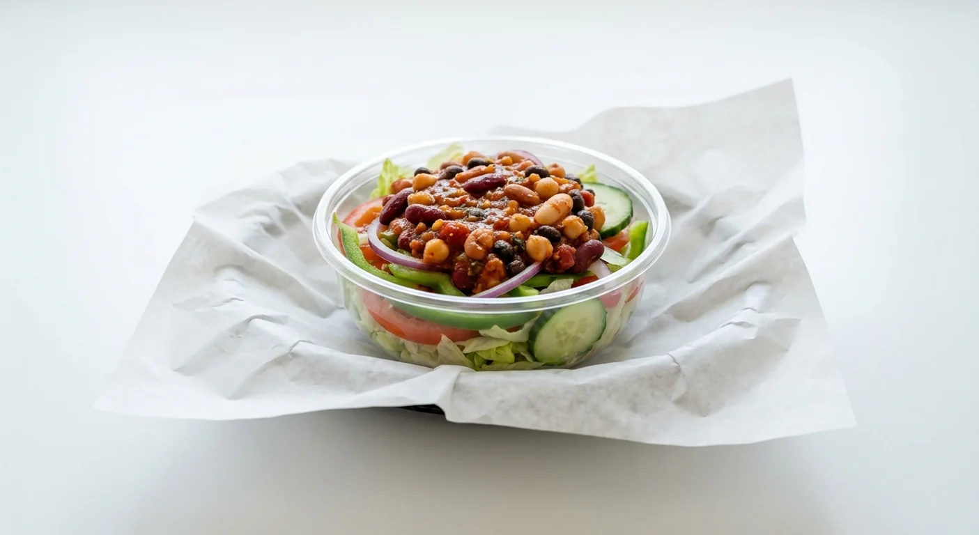 Subway 5 Bean Chilli Salad, five bean chilli on lettuce, tomato, cucumber, pepper and red onion in a clear bowl on white paper, nutrition and calories