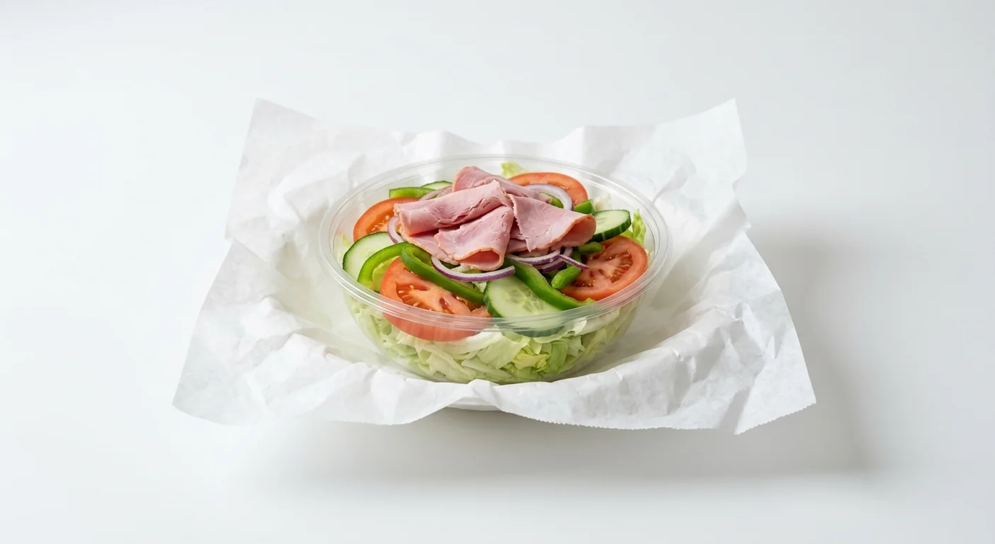 Subway Ham Salad, sliced ham on lettuce, tomato, cucumber, pepper and red onion in a clear bowl on white paper, nutrition and calories