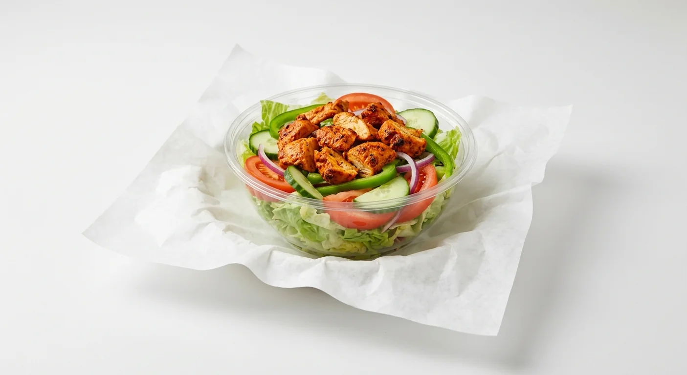 Subway Chicken Tikka Salad, spiced chicken tikka on lettuce, tomato, cucumber, pepper and red onion in a clear bowl on white paper, nutrition and calories