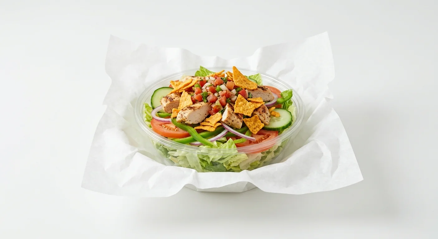 Subway Tex Mexan Salad, chicken, salsa and tortilla chips on lettuce, tomato, cucumber, pepper and red onion in a clear bowl on white paper, nutrition and calories