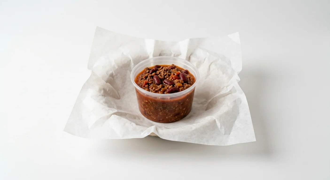 Subway Beef Chilli Protein Pot, beef chilli in a small clear pot on white paper, nutrition and calories