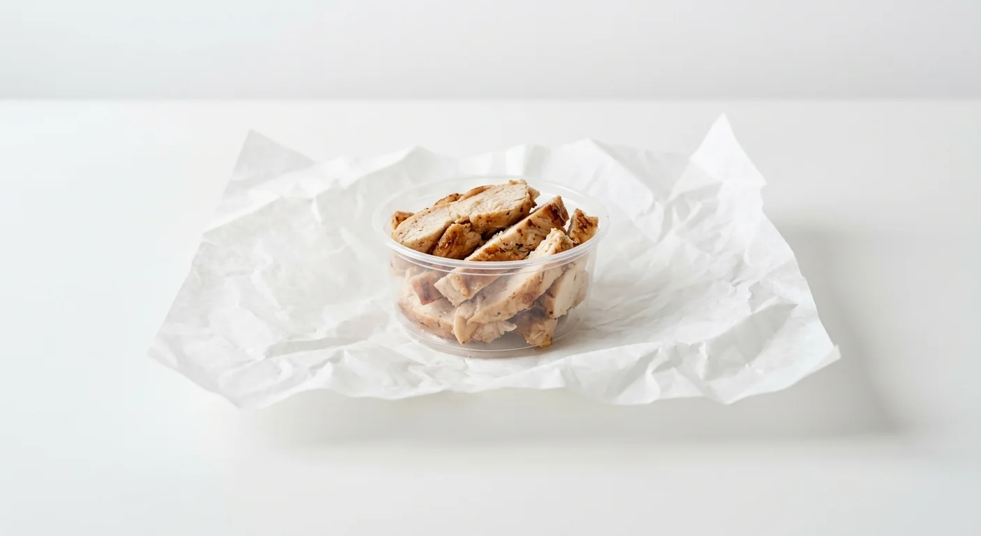Subway Chicken Breast Strips Protein Pot, sliced roast chicken breast strips in a small clear pot on white paper, nutrition and calories