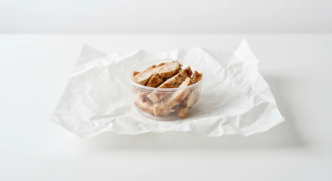Subway Chicken Breast Strips Protein Pot, sliced roast chicken breast strips in a small clear pot on white paper, nutrition and calories