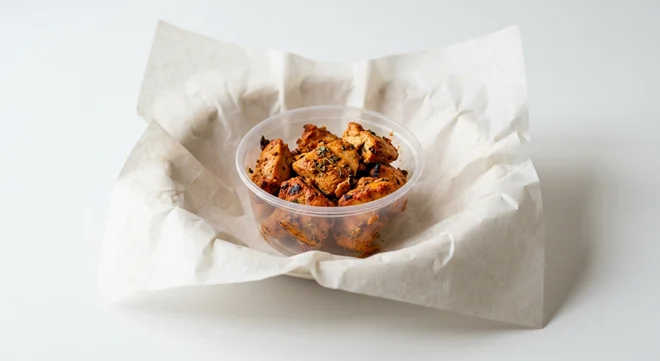Subway Chicken Tikka Protein Pot, spiced chicken tikka pieces in a small clear pot on white paper, nutrition and calories