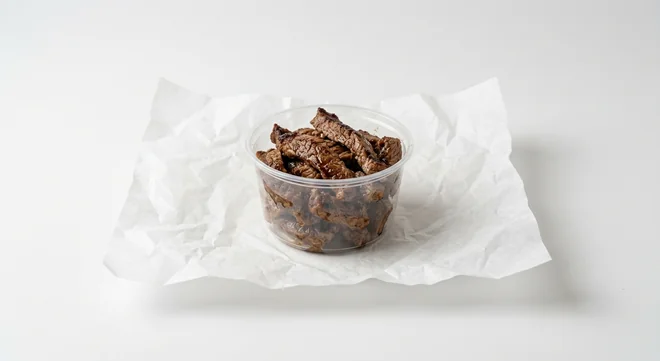 Subway Philly Steak Protein Pot, sliced steak in a small clear pot on white paper, nutrition and calories