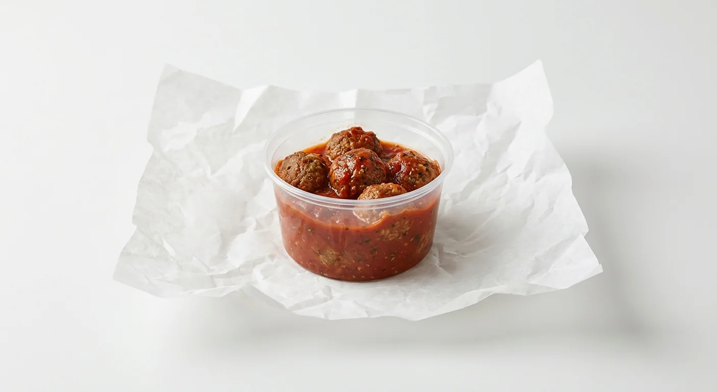 Subway Meatballs Protein Pot, meatballs in marinara sauce in a small clear pot on white paper, nutrition and calories
