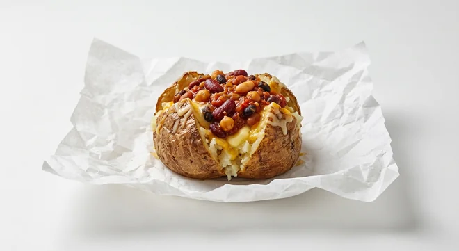 Subway 5 Bean Chilli Spud, jacket potato with butter, melted cheese and five bean chilli on white paper, nutrition and calories