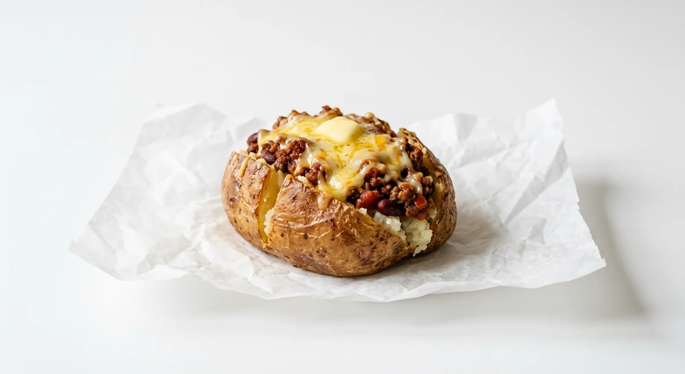 Subway Beef Chilli Spud, jacket potato with butter, melted cheese and beef chilli on white paper, nutrition and calories