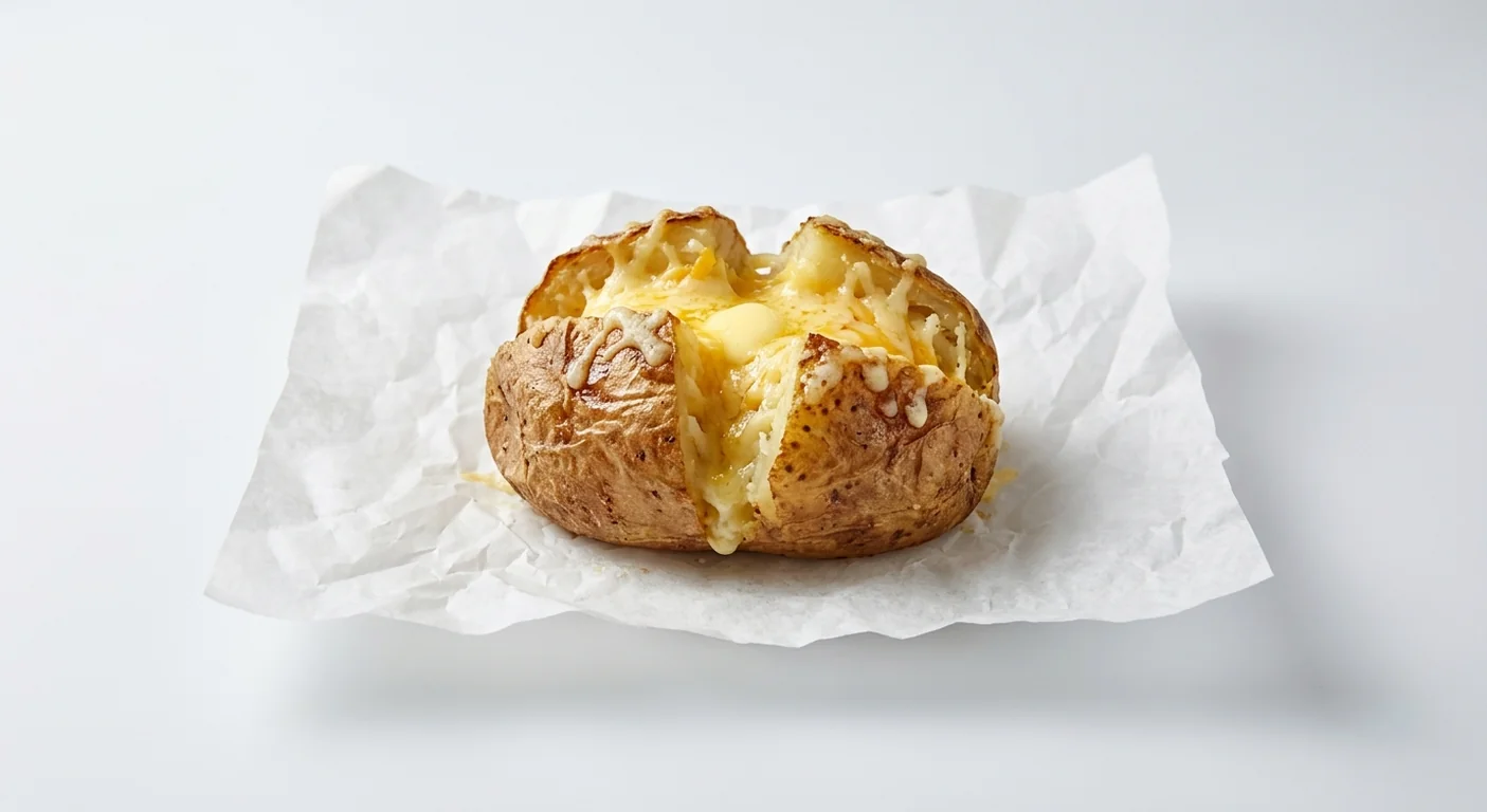 Subway Butter and Cheese Spud, jacket potato with butter and melted cheese on white paper, nutrition and calories