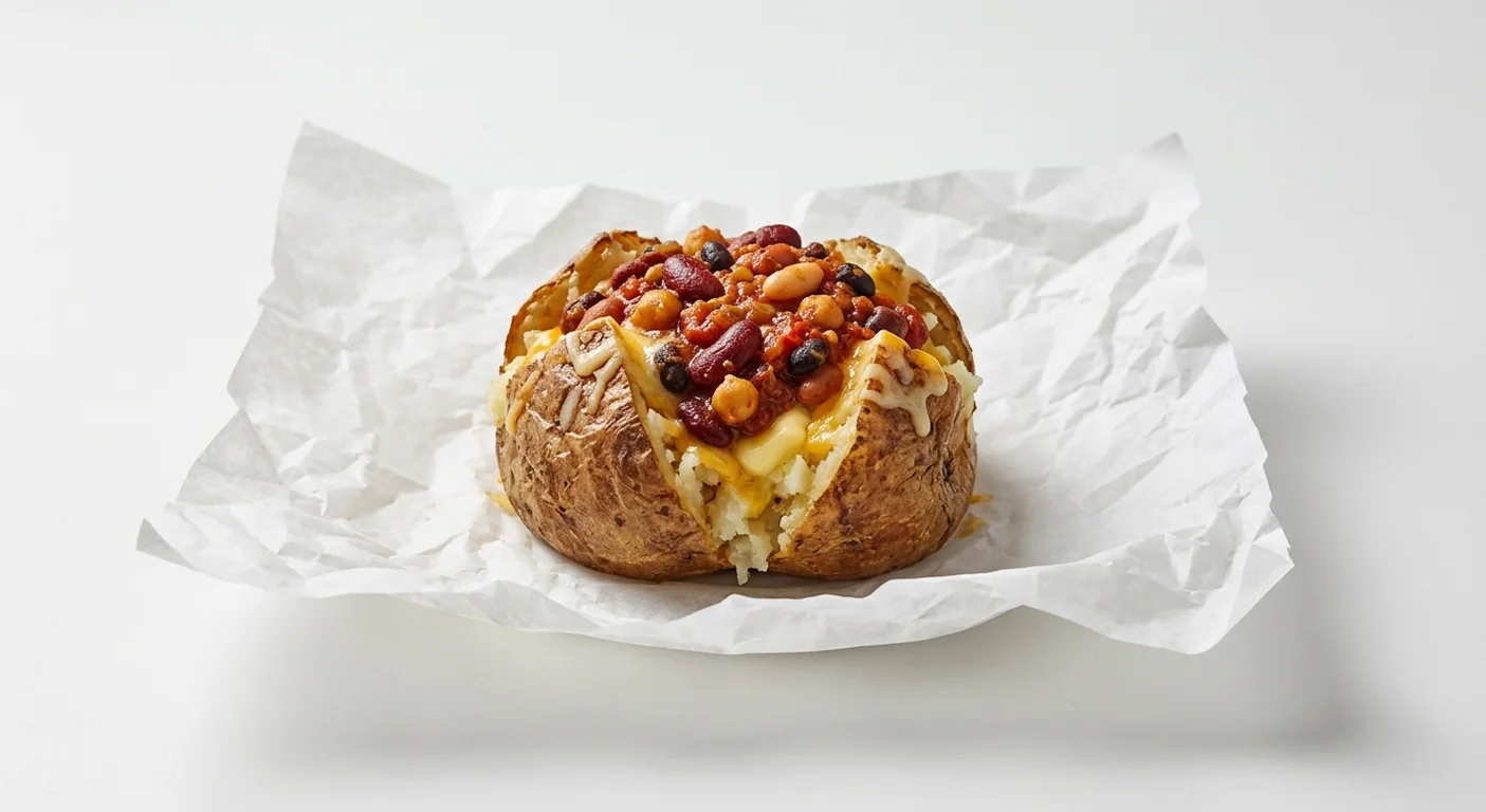 Subway 5 Bean Chilli Spud, jacket potato with butter, melted cheese and five bean chilli on white paper, nutrition and calories