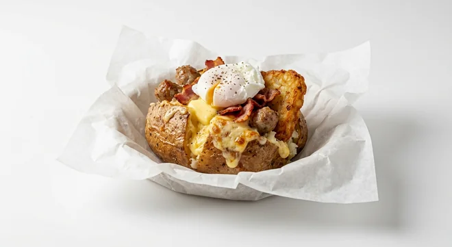 Subway Big Breakwich Spud, jacket potato with butter, melted cheese and bacon, sausage, hash brown and poached egg on white paper, nutrition and calories