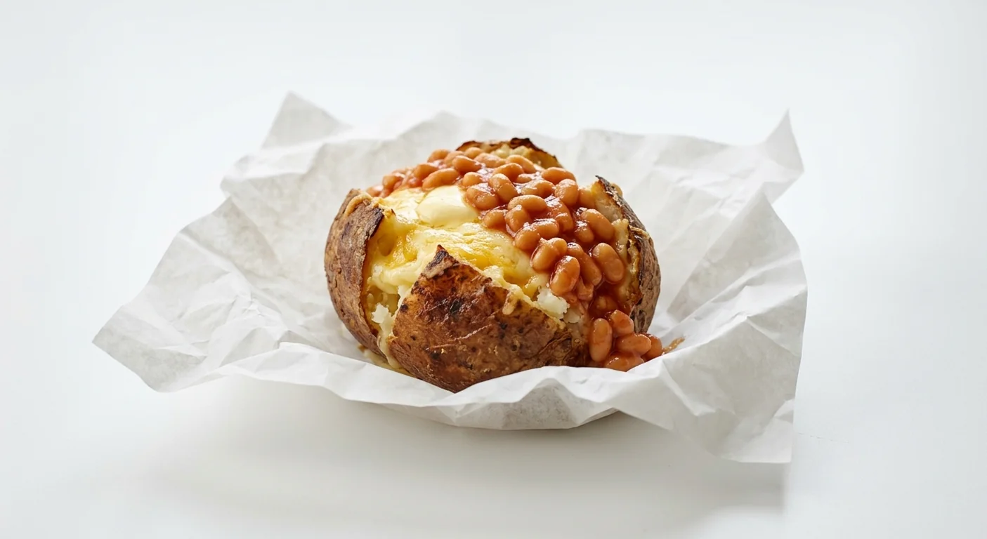 Subway Cheese and Beans Spud, jacket potato with butter, melted cheese and baked beans on white paper, nutrition and calories