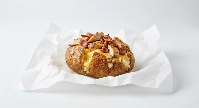 Subway Chicken and Bacon Spud, jacket potato with butter, melted cheese and chicken and bacon on white paper, nutrition and calories