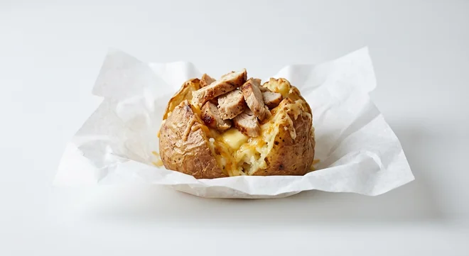 Subway Chicken Breast and Cheese Spud, jacket potato with butter, melted cheese and sliced chicken breast on white paper, nutrition and calories