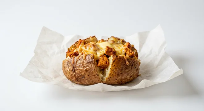 Subway Chicken Tikka and Cheese Spud, jacket potato with butter, melted cheese and chicken tikka on white paper, nutrition and calories