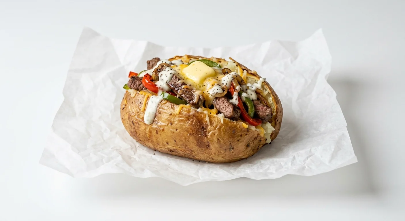 Subway Garlic Cheesesteak Spud, jacket potato with butter, melted cheese and steak, peppers and garlic and herb sauce on white paper, nutrition and calories
