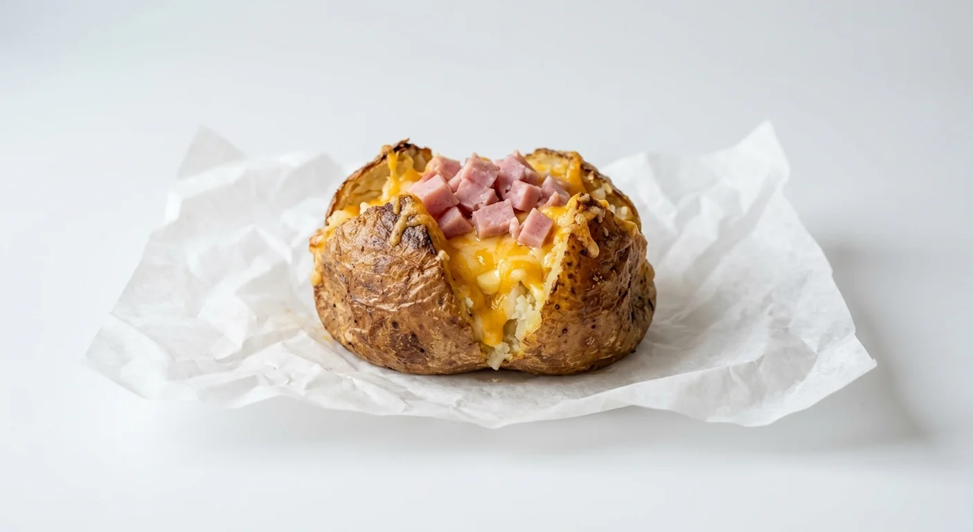 Subway Ham and Cheese Spud, jacket potato with butter, melted cheese and diced ham on white paper, nutrition and calories