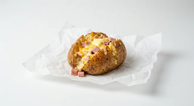 Subway Ham Turkey and Cheese Spud, jacket potato with butter, melted cheese and diced ham and turkey on white paper, nutrition and calories