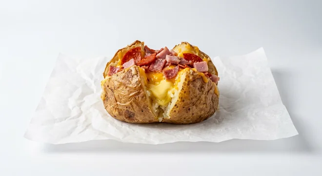 Subway Italian B.M.T and Cheese Spud, jacket potato with butter, melted cheese and pepperoni, salami and ham on white paper, nutrition and calories