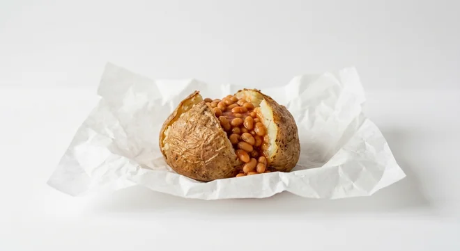 Subway Jacket Potato and Baked Beans, jacket potato with baked beans on white paper, nutrition and calories