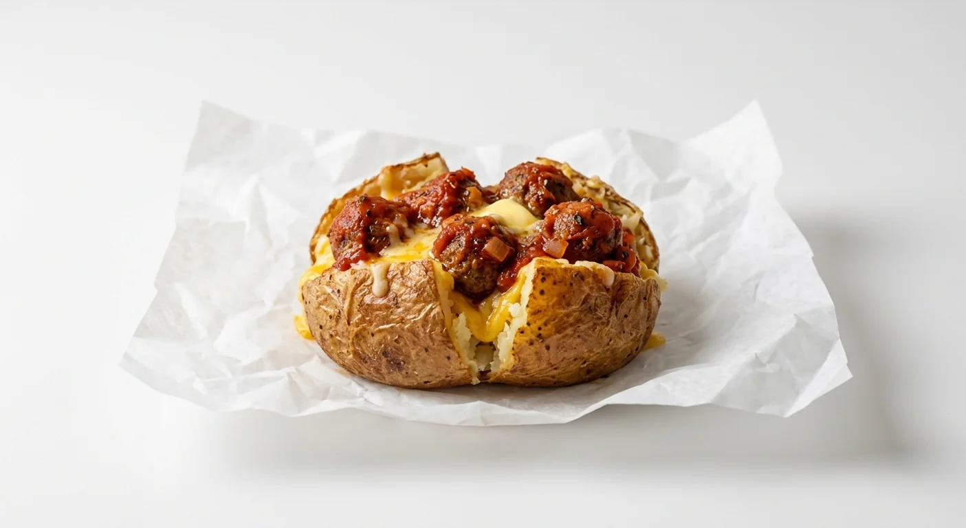Subway Meatball Marinara and Cheese Spud, jacket potato with butter, melted cheese and meatballs in marinara sauce on white paper, nutrition and calories