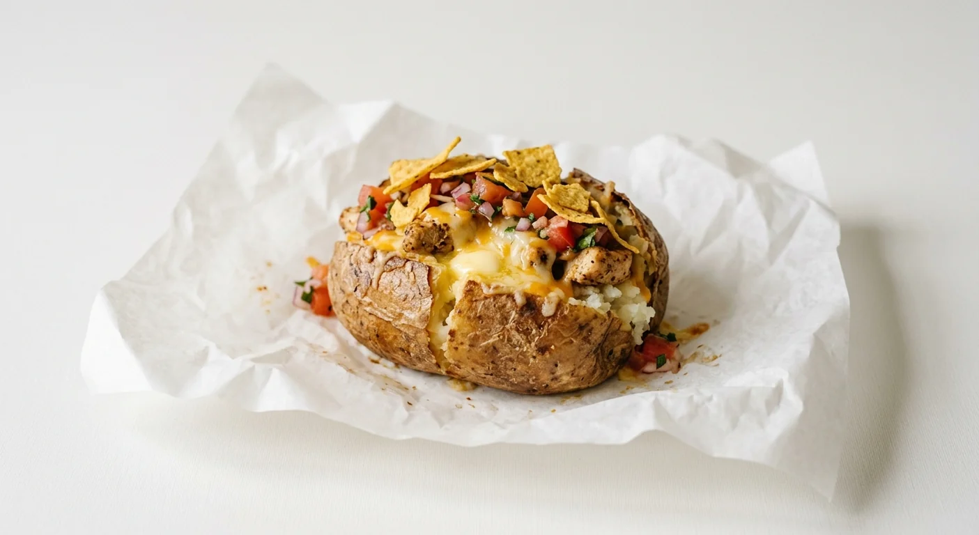 Subway Tex Mexan Spud, jacket potato with butter, melted cheese and chicken, salsa and tortilla chips on white paper, nutrition and calories