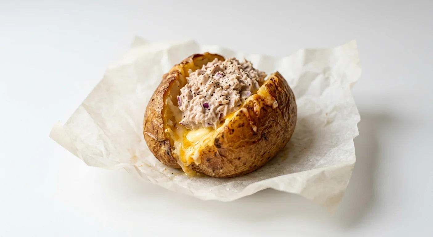 Subway Tuna Mayo and Cheese Spud, jacket potato with butter, melted cheese and tuna mayo on white paper, nutrition and calories
