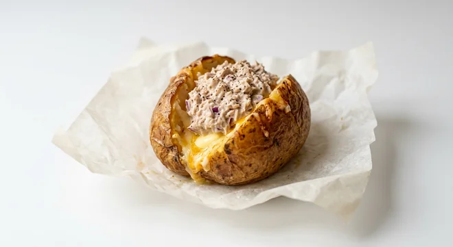 Subway Tuna Mayo and Cheese Spud, jacket potato with butter, melted cheese and tuna mayo on white paper, nutrition and calories