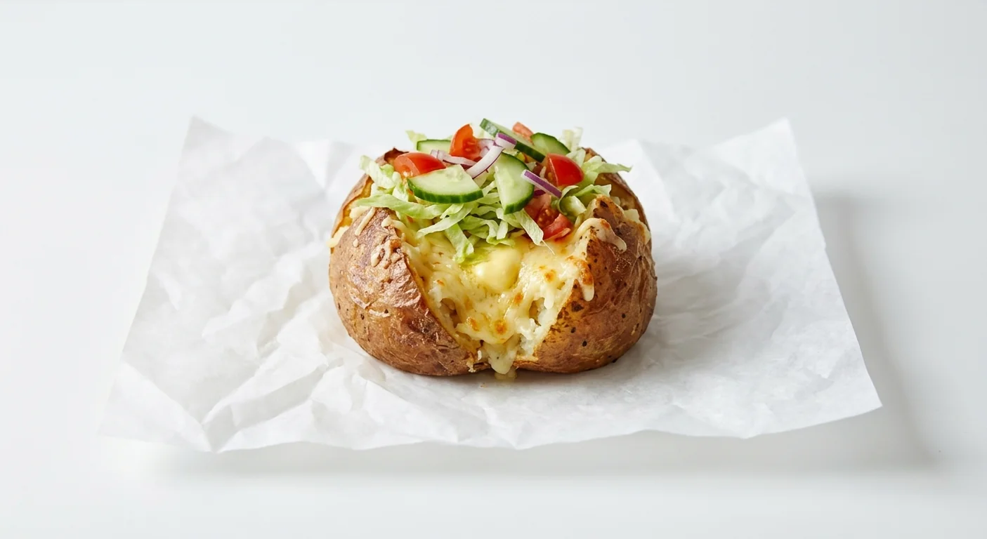 Subway Veggie Delite Spud, jacket potato with butter, melted cheese and salad vegetables on white paper, nutrition and calories