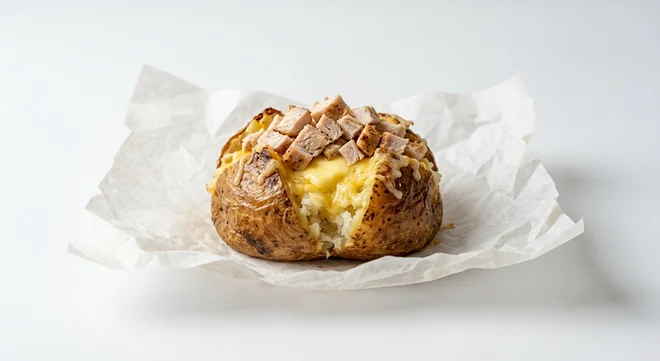 Subway Turkey and Cheese Spud, jacket potato with butter, melted cheese and diced turkey on white paper, nutrition and calories