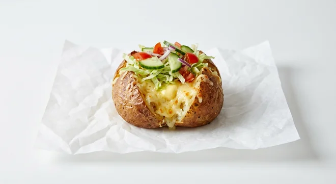 Subway Veggie Delite Spud, jacket potato with butter, melted cheese and salad vegetables on white paper, nutrition and calories