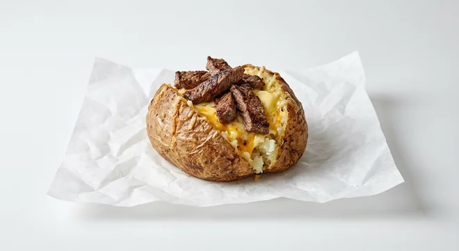 Subway Philly Cheese Steak and Cheese Spud, jacket potato with butter, melted cheese and sliced steak on white paper, nutrition and calories