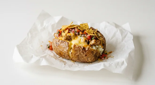 Subway Tex Mexan Spud, jacket potato with butter, melted cheese and chicken, salsa and tortilla chips on white paper, nutrition and calories