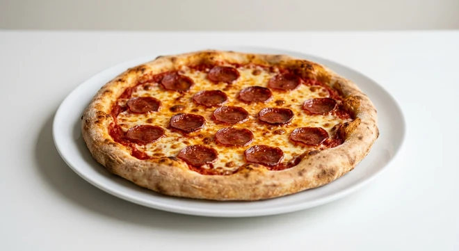 Pizza Express American (Classic), round pizza with pepperoni, mozzarella and tomato on a white plate, nutrition and calories