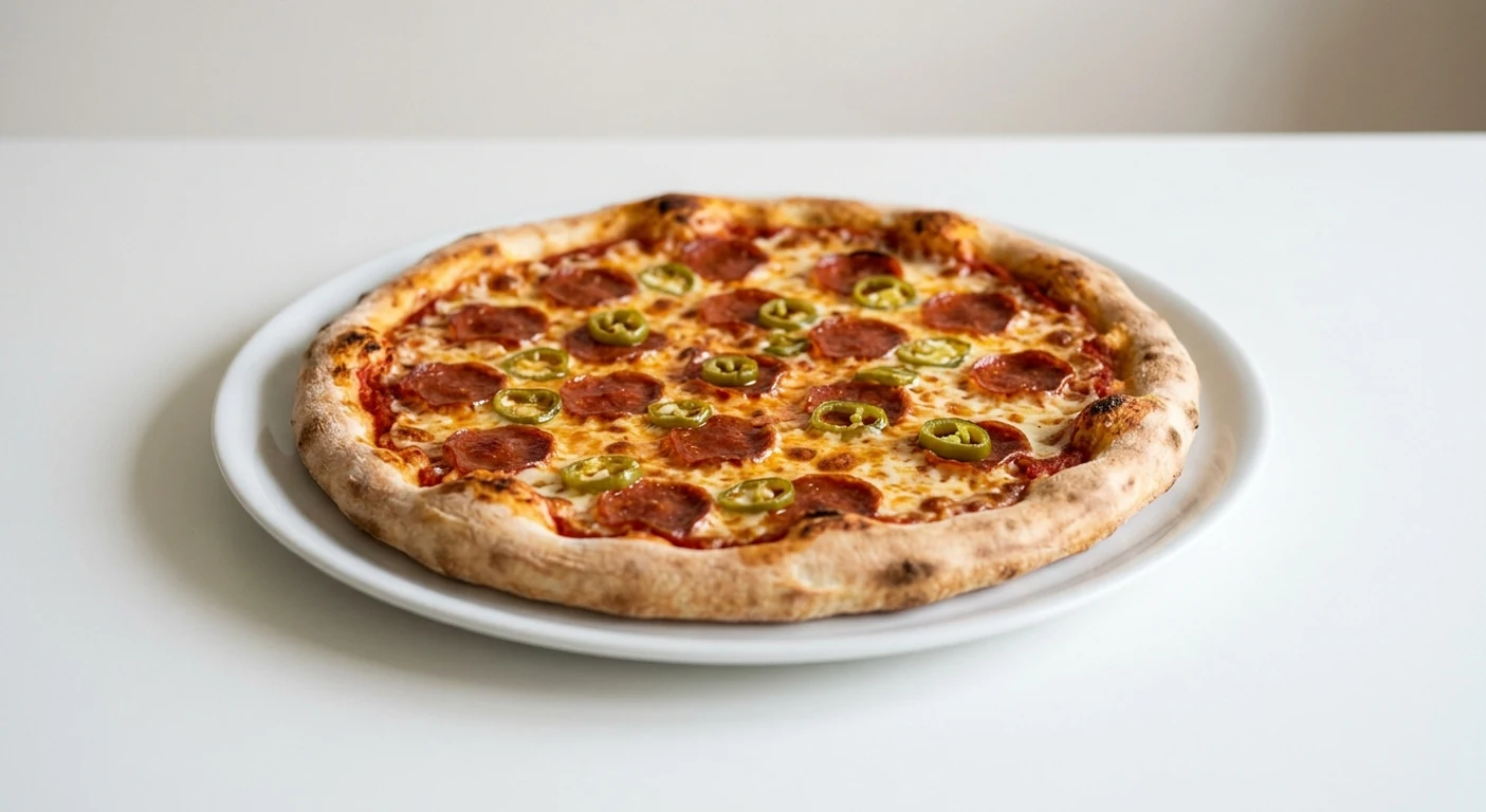 Pizza Express American Hot (Classic), round pizza with pepperoni, hot green peppers, mozzarella and tomato on a white plate, nutrition and calories