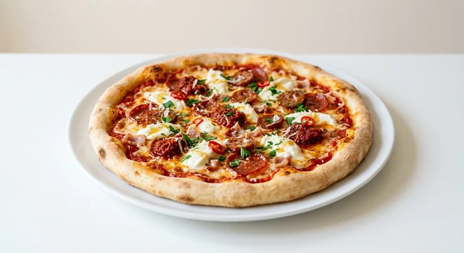 Pizza Express Calabrian Feast (Classic), round pizza with 'nduja, Calabrese sausage, pepperoni, pancetta, chilli and parsley on a white plate, nutrition and calories