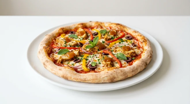 Pizza Express Moroccan Chicken (Classic), round pizza with Moroccan-spiced chicken, apricot chutney, peppers, olives and mint on a white plate, nutrition and calories