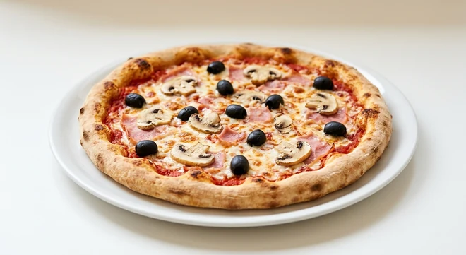 Pizza Express La Reine (Classic), round pizza with ham, mushrooms, black olives and mozzarella on a white plate, nutrition and calories