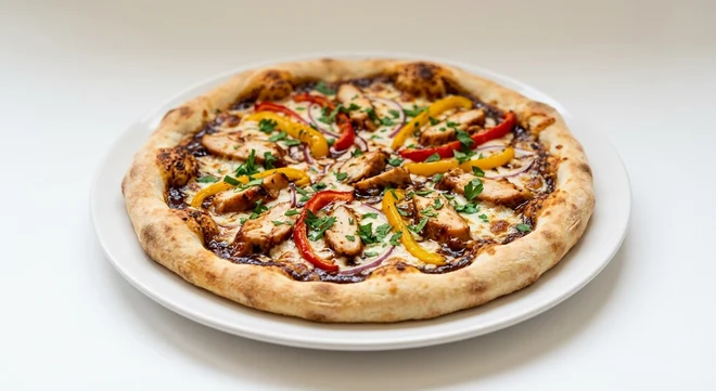 Pizza Express Smoky BBQ Chicken (Classic), round pizza with BBQ chicken, roasted peppers, red onion and parsley on BBQ sauce on a white plate, nutrition and calories