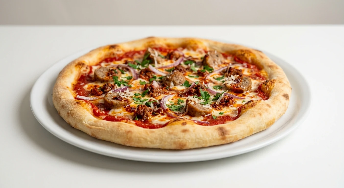 Pizza Express Meatball Italiano (Large Classic), large round pizza with pork meatballs, spicy beef, red onion and parsley on a white plate, nutrition and calories