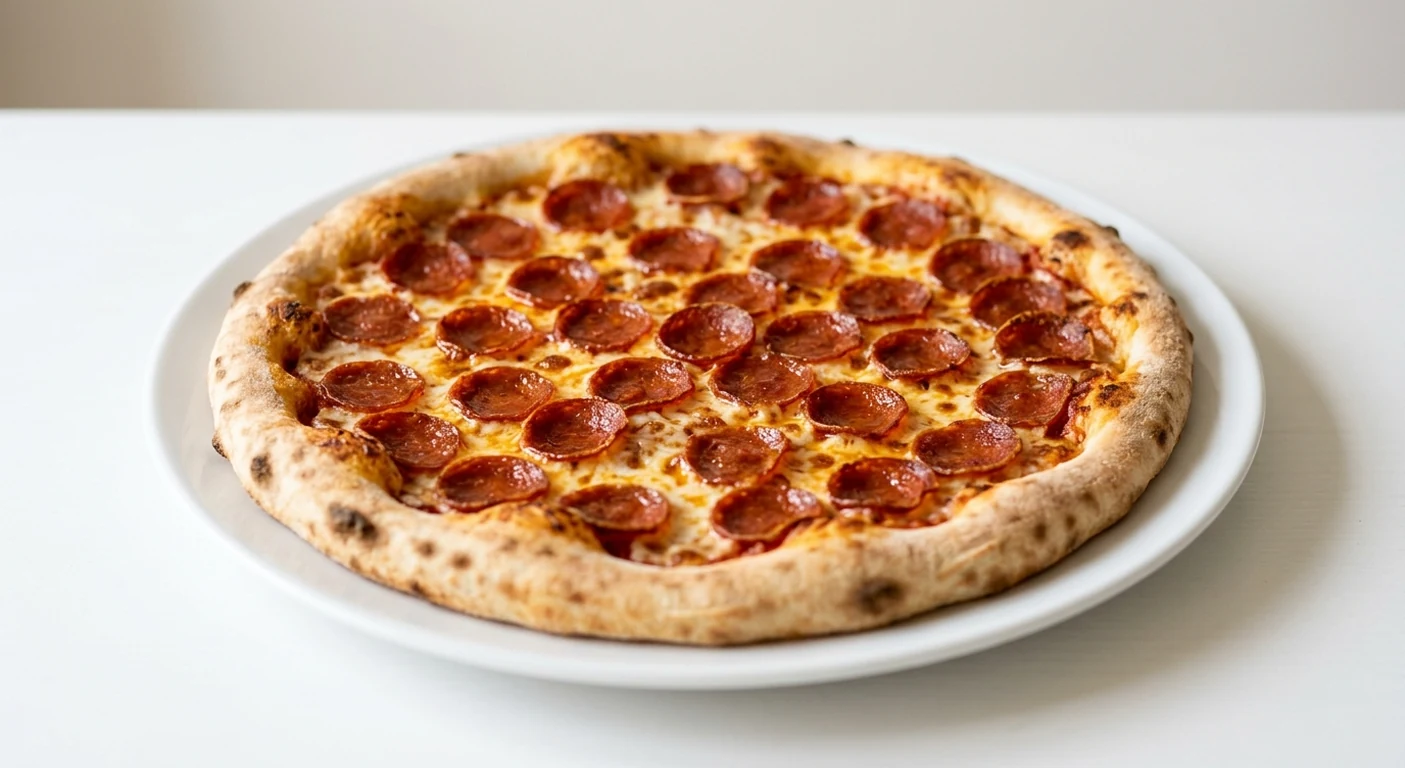 Pizza Express Double American Cheese (Classic), round pizza with a double layer of pepperoni and mozzarella on a white plate, nutrition and calories