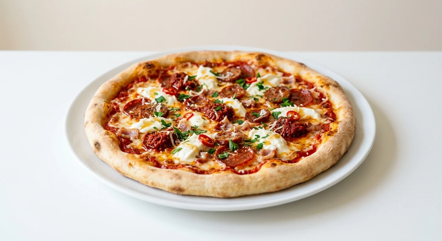 Pizza Express Calabrian Feast (Classic), round pizza with 'nduja, Calabrese sausage, pepperoni, pancetta, chilli and parsley on a white plate, nutrition and calories