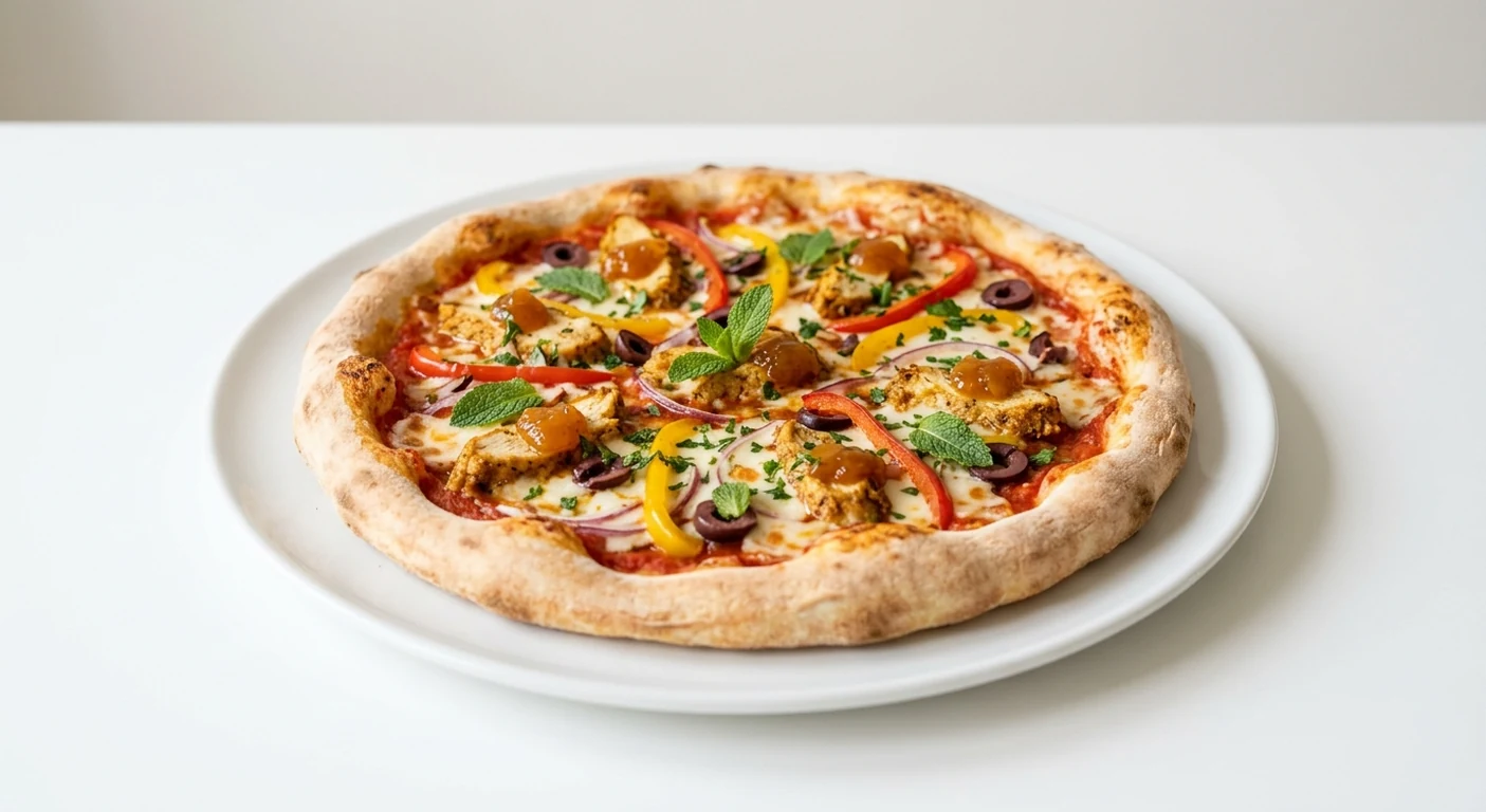 Pizza Express Moroccan Chicken (Classic), round pizza with Moroccan-spiced chicken, apricot chutney, peppers, olives and mint on a white plate, nutrition and calories