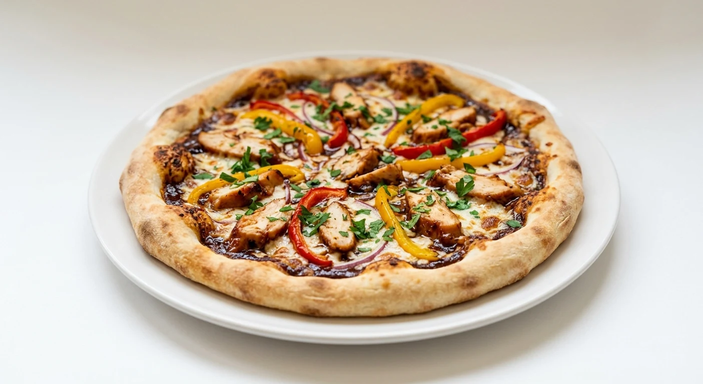 Pizza Express Smoky BBQ Chicken (Classic), round pizza with BBQ chicken, roasted peppers, red onion and parsley on BBQ sauce on a white plate, nutrition and calories