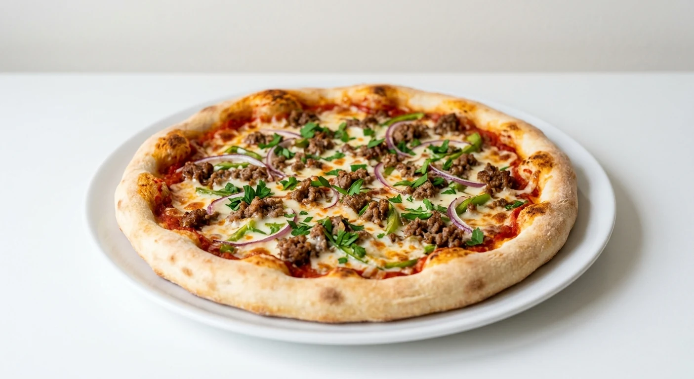 Pizza Express Sloppy Giuseppe (Classic), round pizza with spiced beef, red onion, green pepper and parsley on a white plate, nutrition and calories