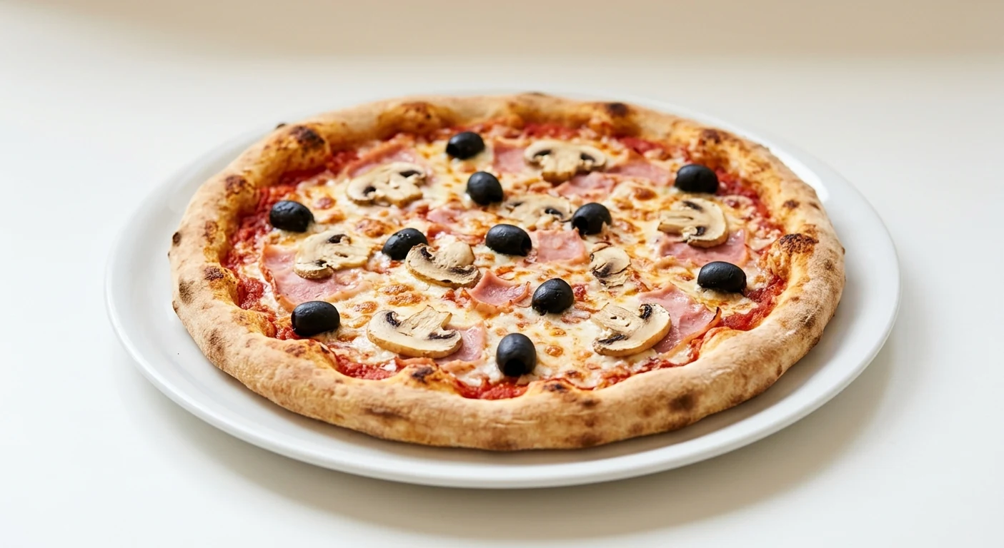 Pizza Express La Reine (Classic), round pizza with ham, mushrooms, black olives and mozzarella on a white plate, nutrition and calories