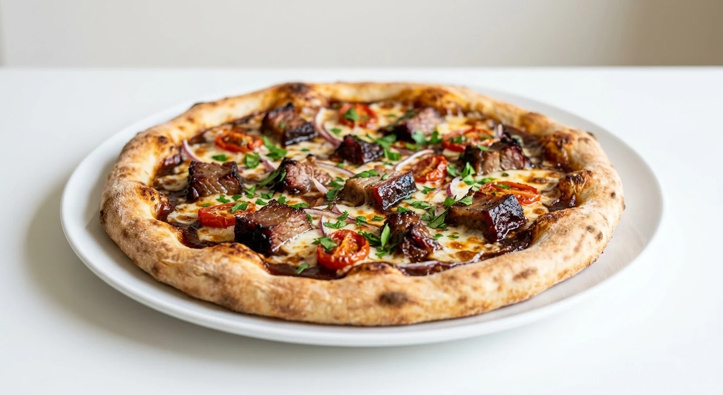 Pizza Express BBQ Burnt Ends (Classic), round pizza with beef brisket burnt ends, red onion and roasted tomatoes on BBQ sauce on a white plate, nutrition and calories