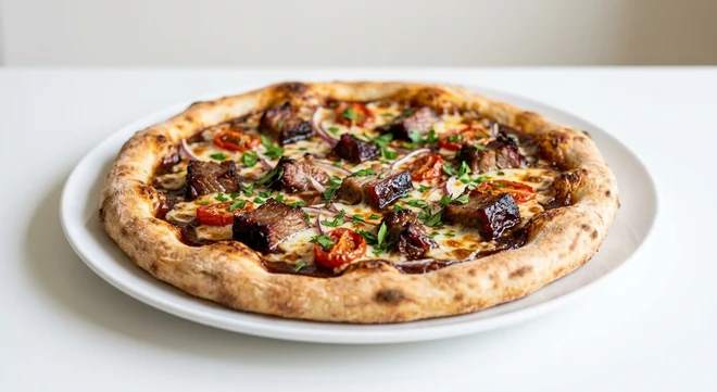 Pizza Express BBQ Burnt Ends (Classic), round pizza with beef brisket burnt ends, red onion and roasted tomatoes on BBQ sauce on a white plate, nutrition and calories