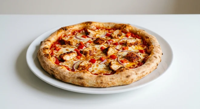 Pizza Express Pollo ad Astra (Classic), round pizza with Cajun chicken, sweet red peppers, red onion and mozzarella on a white plate, nutrition and calories
